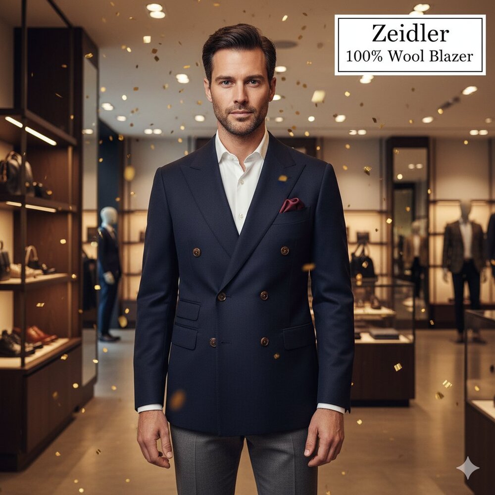 NWOT Zeidler Couture Men 42R Blazer 100% Wool 3-Pocket Made USA Navy Sport Coat